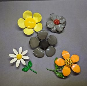 Vintage Enamel Flower Brooch Lot Metal Large Yellow Orange Grey Rhinestone